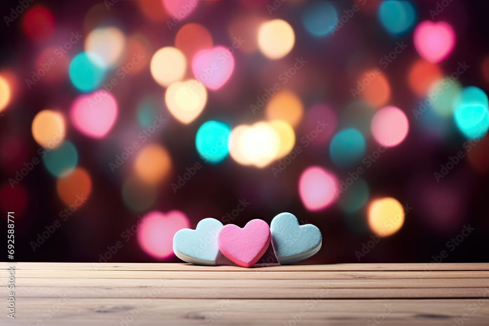 Colorful 3D Heart Shape on Wooden Table with Love Light Bokeh Background. Perfect for Product Displays, Copy Space, and Romantic Themes.