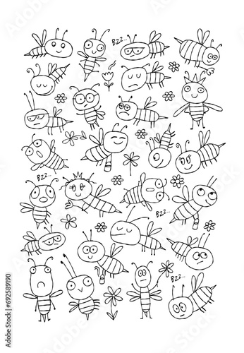 Funny Bees family. Beehive for your design. Vertical print background (ID: 692589190)
