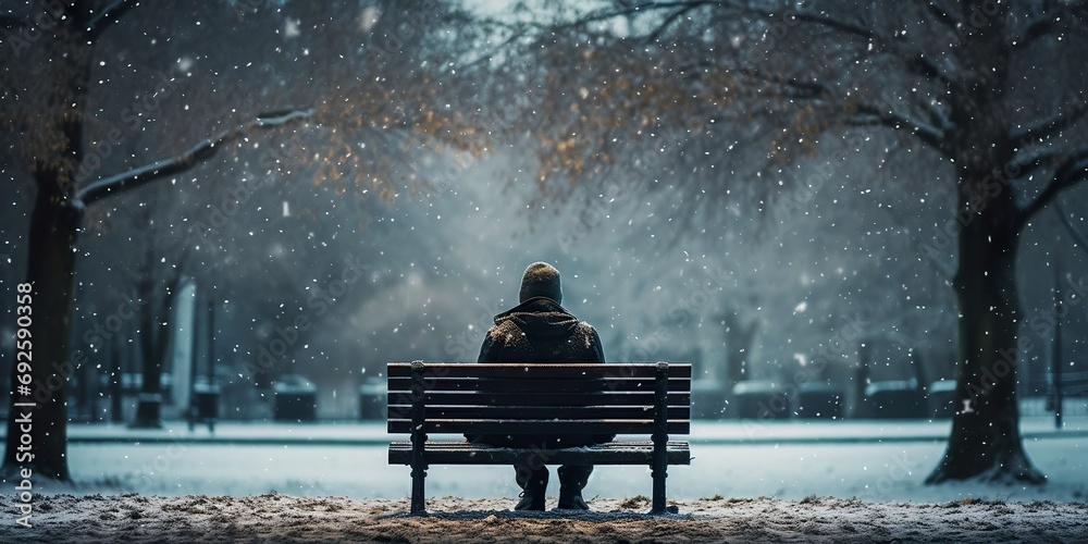 Portrait of an individual sitting alone on a park bench in the snow, with a faraway look, depicting winter depression Portrait of an individual sitting alone on a park bench in the snow, with a faraway look, depicting winter depression