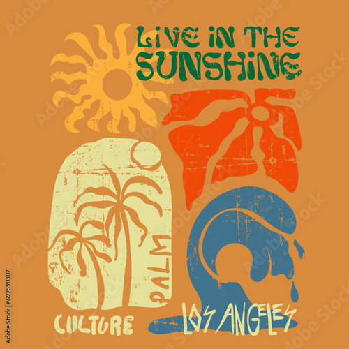Summer print design elements for wave, palm tree, sun and live in the sunshine slogan typography text print