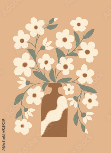 Vintage flower bouquet in vase grunge illustration. Flat vector botanical composition with grunge texture in trendy color. Perfect for home decoration, posters, t shirt print, social media