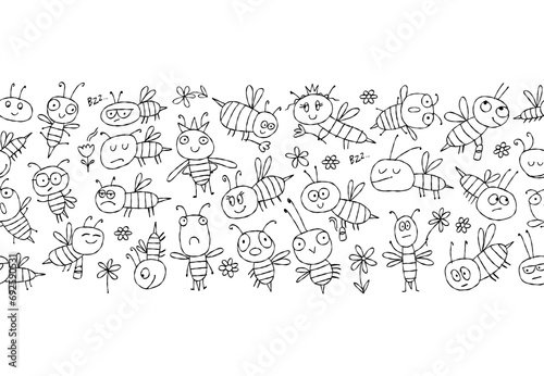 Funny Bees family. Beehive seamless pattern background for your design