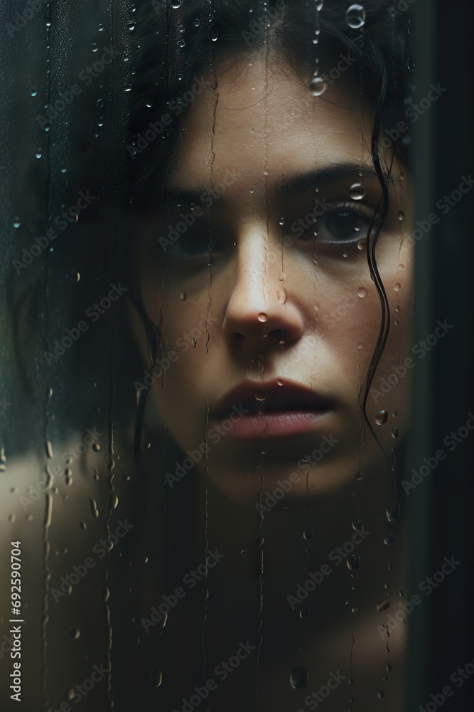 Portrait of an individual with a blank expression, staring out of a rain-streaked window, reflecting the feeling of being trapped by depression