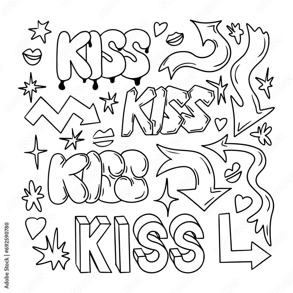 Outline doodle set with word KISS in retro 90s style. Collection of hand drawn hearts and arrows. Black contour sketchy signs and words in bubble, street style graffiti. Perfect for social media