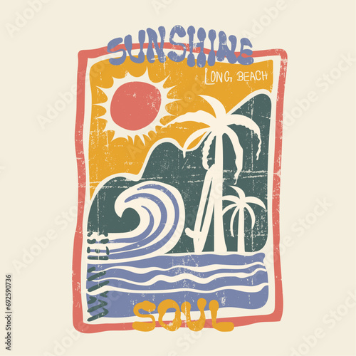 Vintage retro modern graphic for Summer prints Sunshine tropical beach artwork , Sunshine ocean print for modern print design , hand drawn Wave , Men's Women's kids boys girls t shirt design