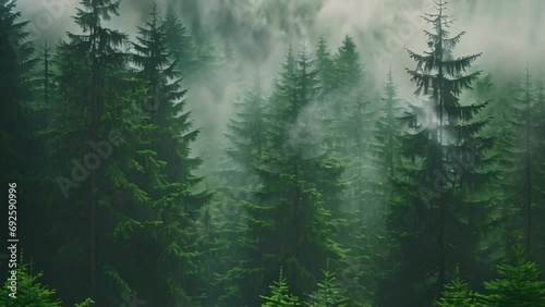 tall trees in the forest in the mountains covered in fog photo