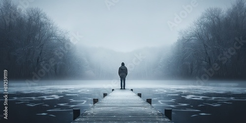 Silhouette of a person standing at the end of a pier looking at a frozen lake, symbolizing contemplation in winter depression photo