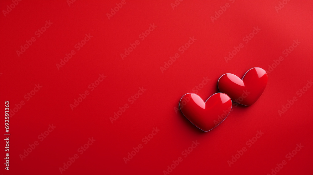 Two red hearts on a red background with copy space. Valentine's day concept.