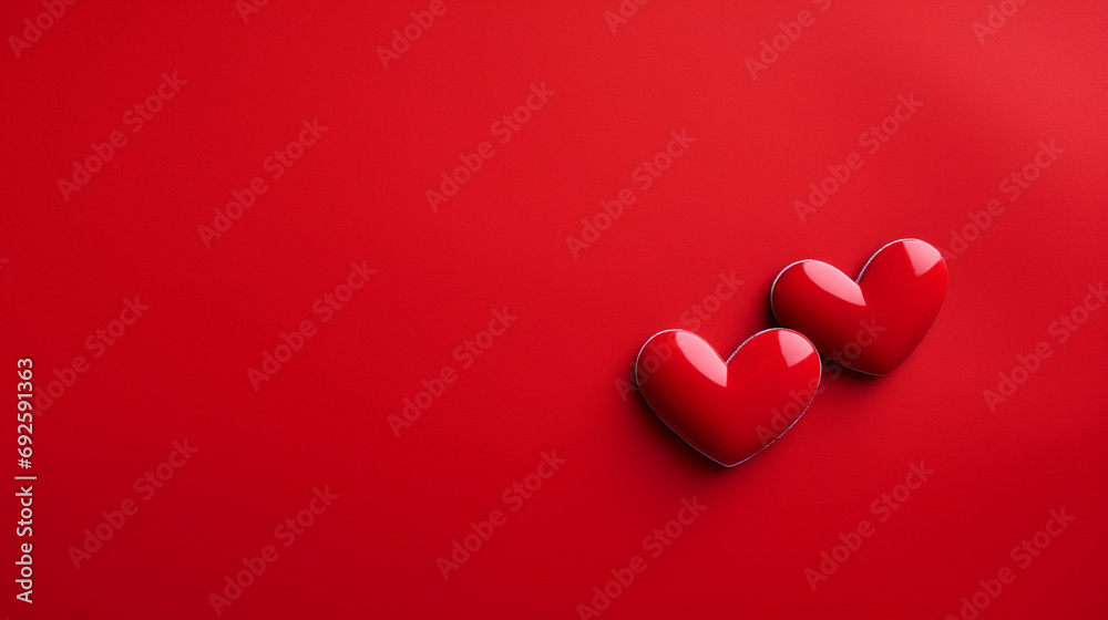 Two red hearts on a red background with copy space. Valentine's day concept. Two red hearts on a red background with copy space. Valentine's day concept.