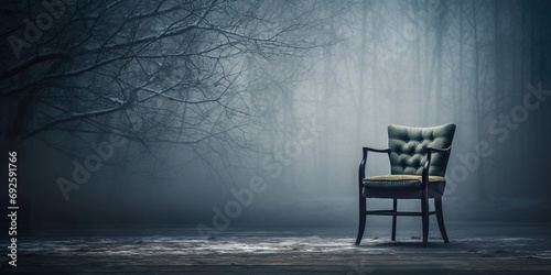 Still life of an empty chair in a dim room with a single window showing a winter scene, evoking feelings of emptiness and depression