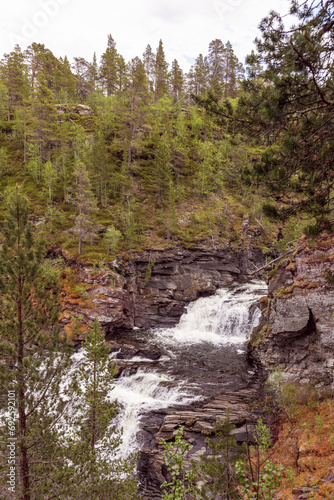 Vertical photograph capturing the autumnal beauty of cascades flowing between granite cliffs and a dense coniferous forest along the swift waters of the Orkla River, Stoa area of Innlandet, Norway