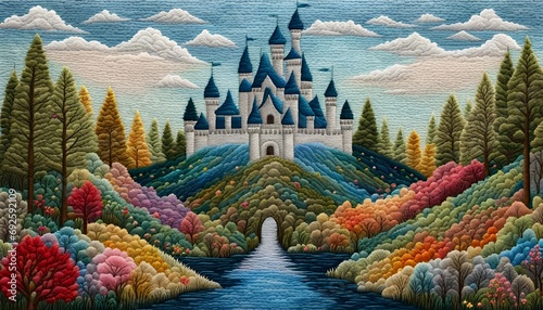 Beautiful Fairytale Castle Moon Sky Landscape Embroidery photo