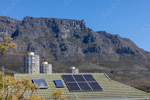 Solar panels, aimed at mitigating \'load-shedding\' or blackouts, are seen on a residential roof in a suburb of Cape Town, South Africa.