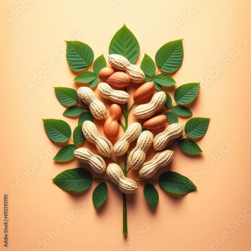 Nuts andleaves on simple background photo