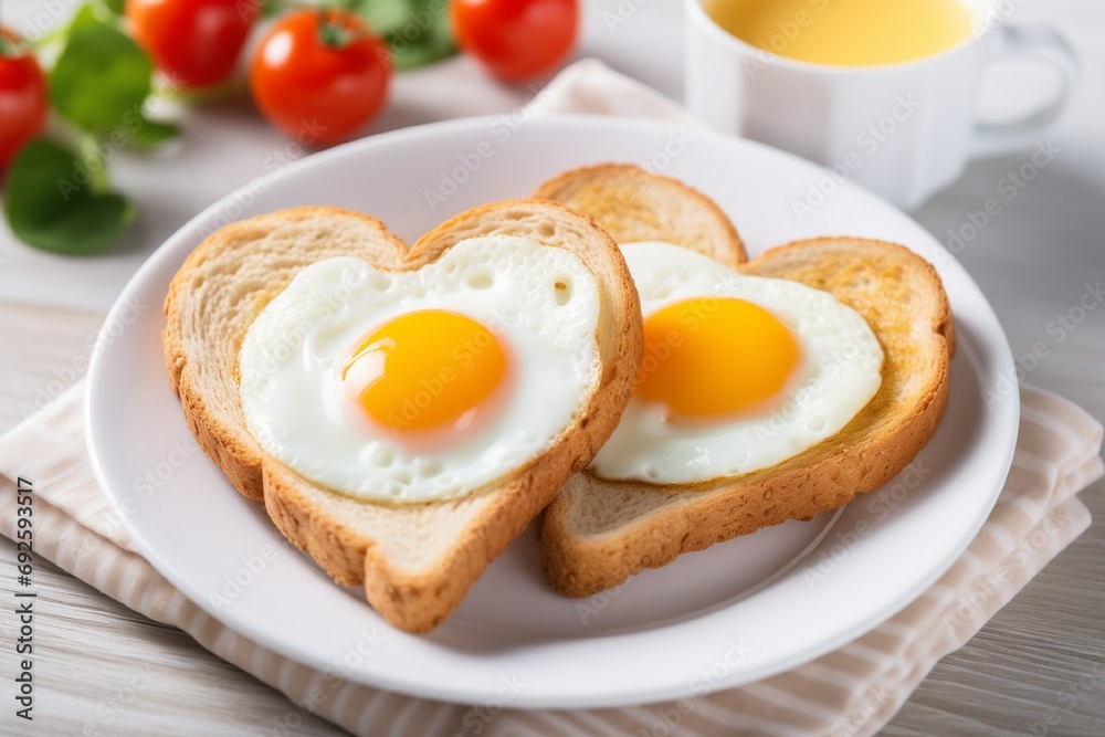 Romantic breakfast, scrambled eggs with heart-shaped bread on a white plate Romantic breakfast, scrambled eggs with heart-shaped bread on a white plate