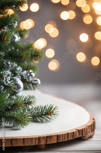 Wooden table with christmas fir tree and decoration. Bokeh background