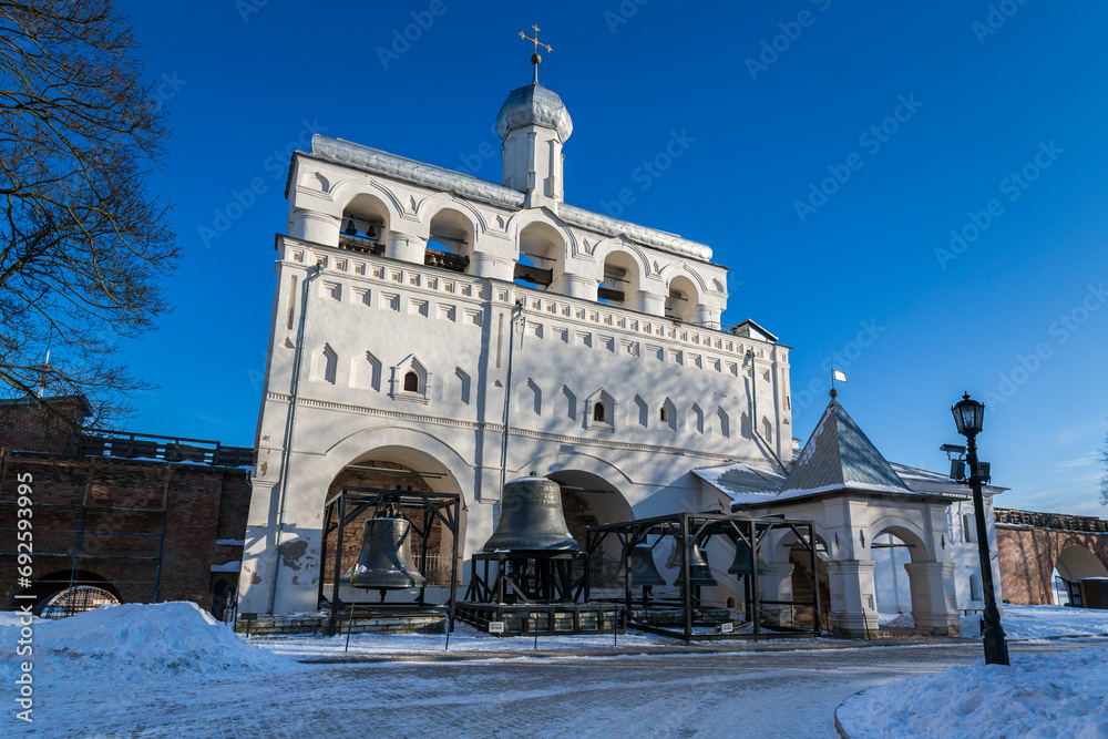 View of bell tower at Novgorod Kremlin