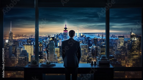 Business man watching skyscraper in a megalopole  photo