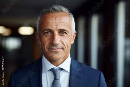 portrait of a professional businessman with a blue suit white shirt and a tie at the office working in finance and stock market on, technology future, office life, corporate life 