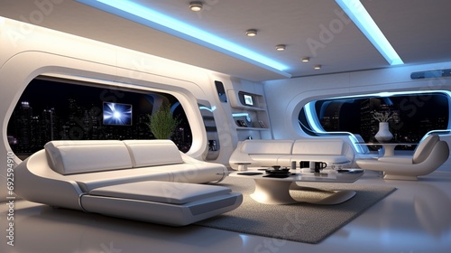 A futuristic living room with innovative furniture designs, LED lighting, and a wall-mounted entertainment system