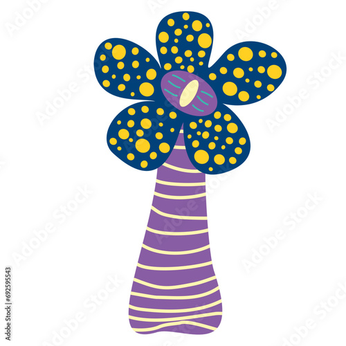 Fantasy magic flower Mushroom, cartoon Fairy plant. Vector unusual fungi with Dotted petals and Eye. Fairytale element for game, alien flora, hallucinogenic botany. Flat cartoon design object.