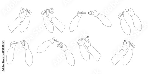 Set of Outline hands with Brilliant ring, Gemstone and Tweezers. Collection of Jeweler Arms Silhouette, Vector contour illustration. Jewelry making concept. Design object for Card, Poster, Banner.