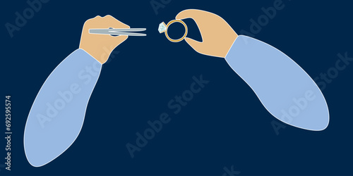Vector Jeweler day greeting card in flat style. Hands holding engagement ring with Gemstone and Tweezers. Cartoon Illustration, Jewelry making concept. Hand drawn Design object.