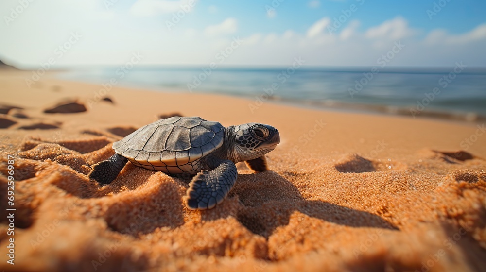 baby turtle after hatch crawling to the beach