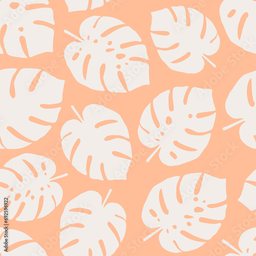 Seamless vector pattern with monstera leaves. Trend color 2024 Peach Fuzz. Background for fabric, fashion design, wallpaper, textile and other design projects.