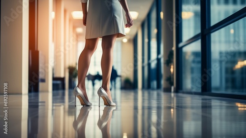 Low section of businesswoman in high heels standing in office hallway. photo