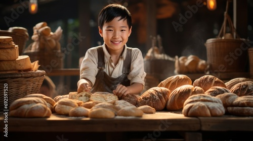 little Chinese boy bakes bread with his own hands