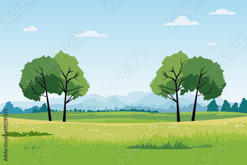 Beautiful landscape vector illustration of trees, meadows, spring meadows with flowers against the background of hills. Vector illustration of spring or summer landscape for design.