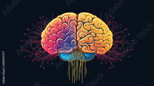 simple illustration of a 
colorful  brain on a blue background, concept of science, knowledge, medicine, psychology, neurobiology photo