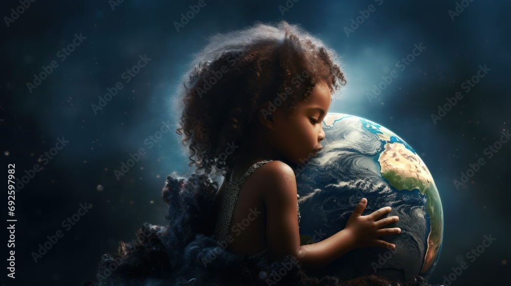 Naklejka premium little black girl hugs planet earth against the backdrop of space,Environmental issues