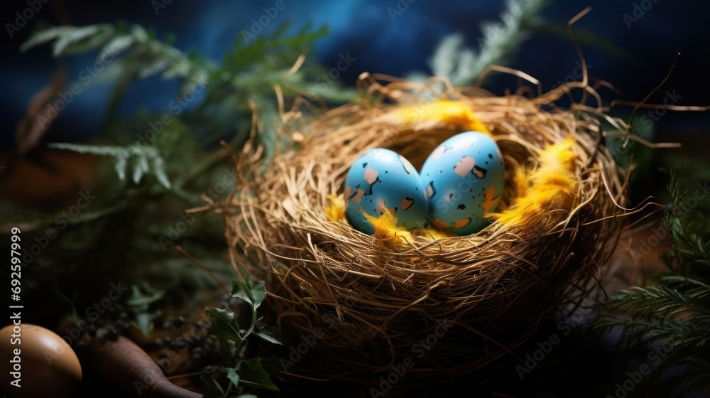 Obraz premium two painted Easter eggs in a nest among flowers, Easter concept