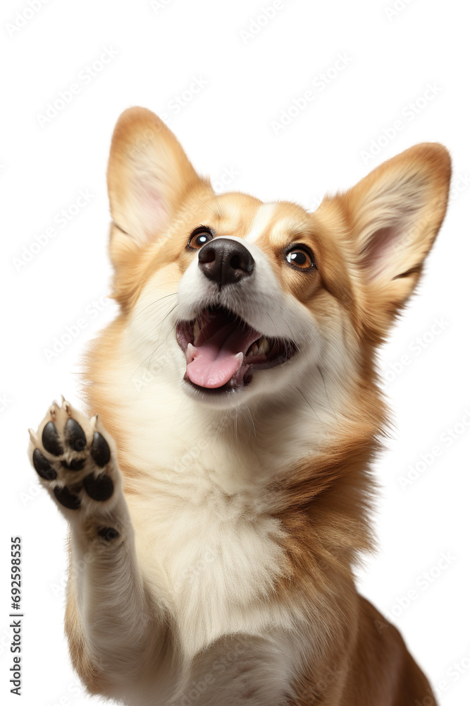 Corgi giving high five isolated on white background