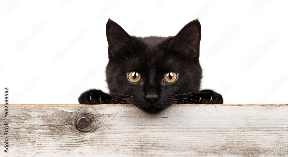 Black cat peeking over a wall isolated on white background Black cat peeking over a wall isolated on white background