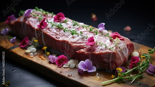 meat decorated with flowers, haute cuisine