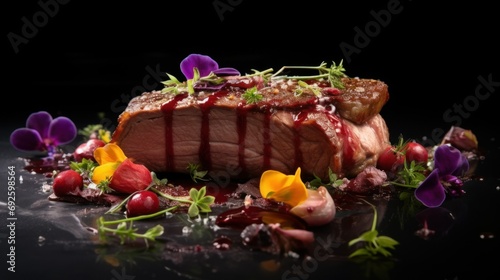 meat decorated with flowers, haute cuisine