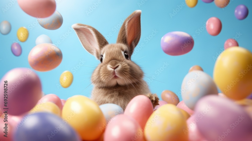 a rabbit and around him there are many colorful Easter eggs, the concept of a holiday, Easter a rabbit and around him there are many colorful Easter eggs, the concept of a holiday, Easter