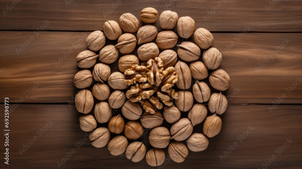 walnuts in shell laid out in a circle top view, healthy food walnuts in shell laid out in a circle top view, healthy food