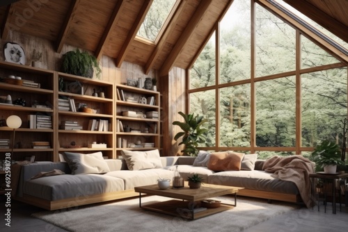 Cabin interior living room space with bookshelf, rustic-inspired design, modern furniture