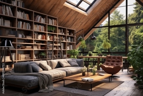 Cabin interior living room space with bookshelf, rustic-inspired design, modern furniture