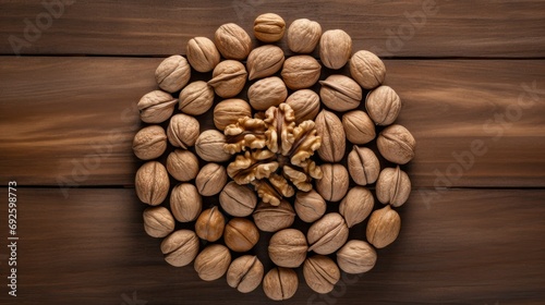 walnuts in shell laid out in a circle top view, healthy food