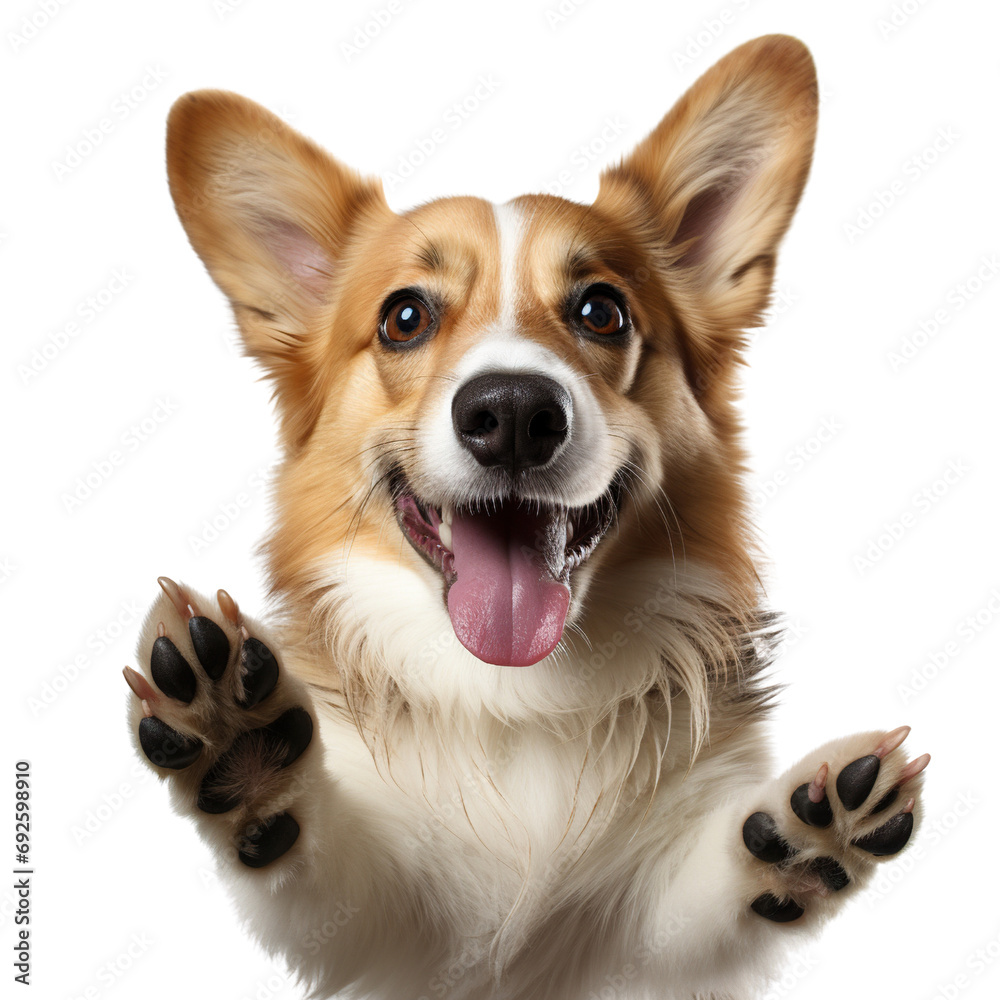 Corgi giving high five isolated on white background