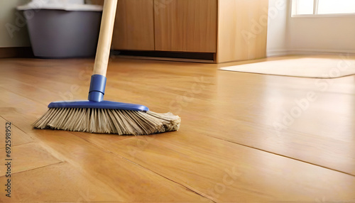Parquet floor upkeep with a mop and cleansing foam, employing cleaning tools for maintaining cleanliness on the floor
