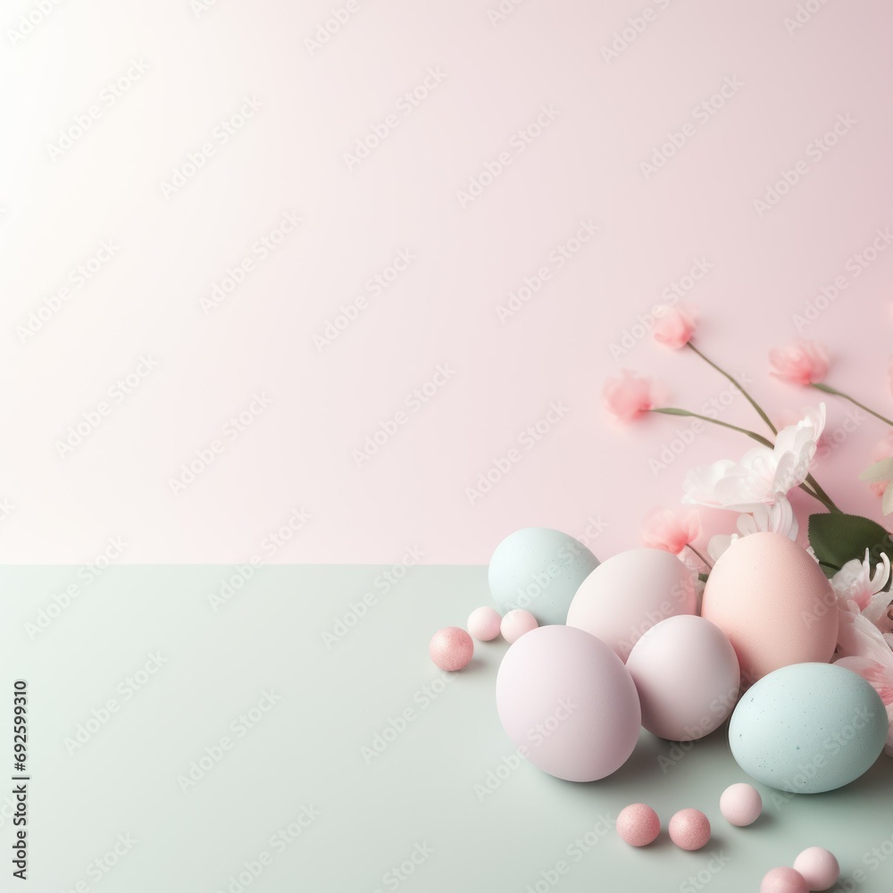 Fototapeta premium Easter pastel eggs decorated with white flowers on a pink background, space for text, holiday concept, Easter
