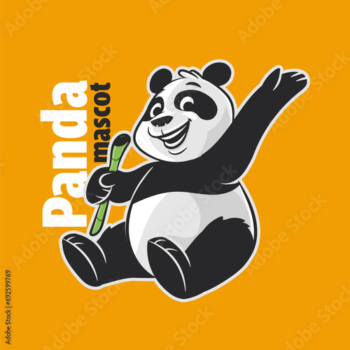 cartoon panda mascot logo sitting with bamboo