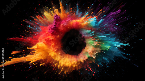 Farbexplosion entlang eines Kreises auf schwarzem Hintergrund