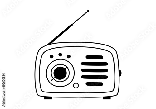 Hand drawn cute outline illustration of retro radio player. Flat vector old audio equipment sticker in line art doodle style. Vintage shortwave device for listening music with antenna icon. Isolated.